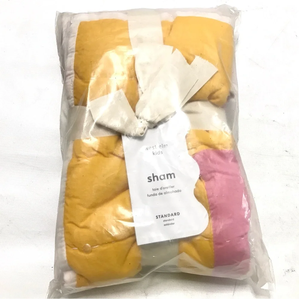 West Elm Kids Standard Pillow Sham Quilted 26 x 20” Yellow Pink Multicolor New